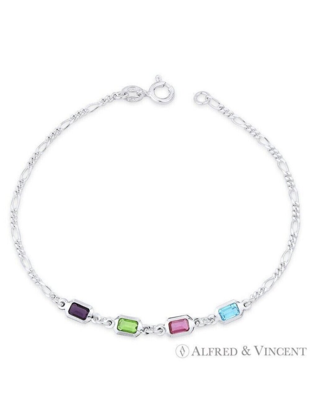 Purple Green Pink Blue CZ Crystal Figaro Chain .925 Sterling Silver Anklet - 10"